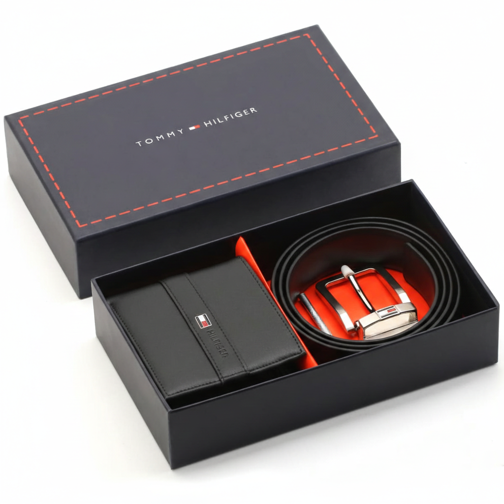 Luxury Tommy Hilfiger men's gift set featuring a black leather bifold wallet and a matching leather belt with a silver pin buckle, elegantly presented in a navy blue branded box