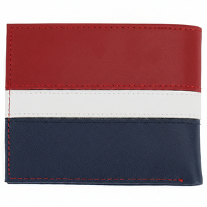 Front view of a Tommy Hilfiger men's leather wallet showcasing a bold horizontal stripe pattern in red, white, and navy blue with a small enamel flag logo