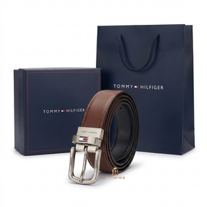 Full set of Tommy Hilfiger mirror original reversible leather belt with silver flag buckle, luxury navy gift box, and shopping bag