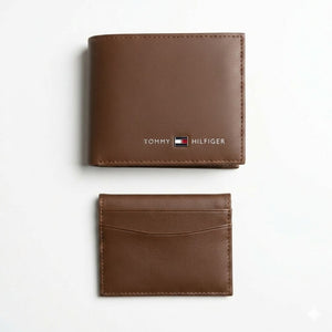 Studio product view of the Tommy Hilfiger mirror original brown smooth leather bifold wallet next to its matching standalone minimalist card holder