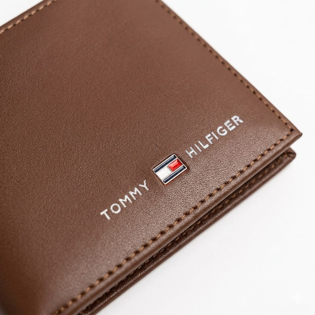 Professional angled studio photograph of the Tommy Hilfiger mirror original brown leather bifold wallet alongside its matching slim card holder