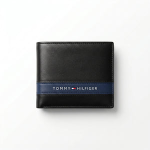 Straight front view product photography of the Tommy Hilfiger mirror original black leather wallet with embedded card case showcasing vertical ribbon details
