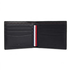 Live angled view of the Tommy Hilfiger black leather bifold wallet interior highlighting the premium stitching and deep navy paper currency slot