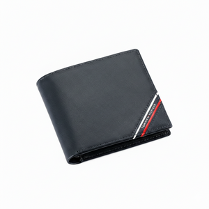 Front view of Tommy Hilfiger navy blue men's wallet highlighting smooth leather and signature diagonal stripe corner detail