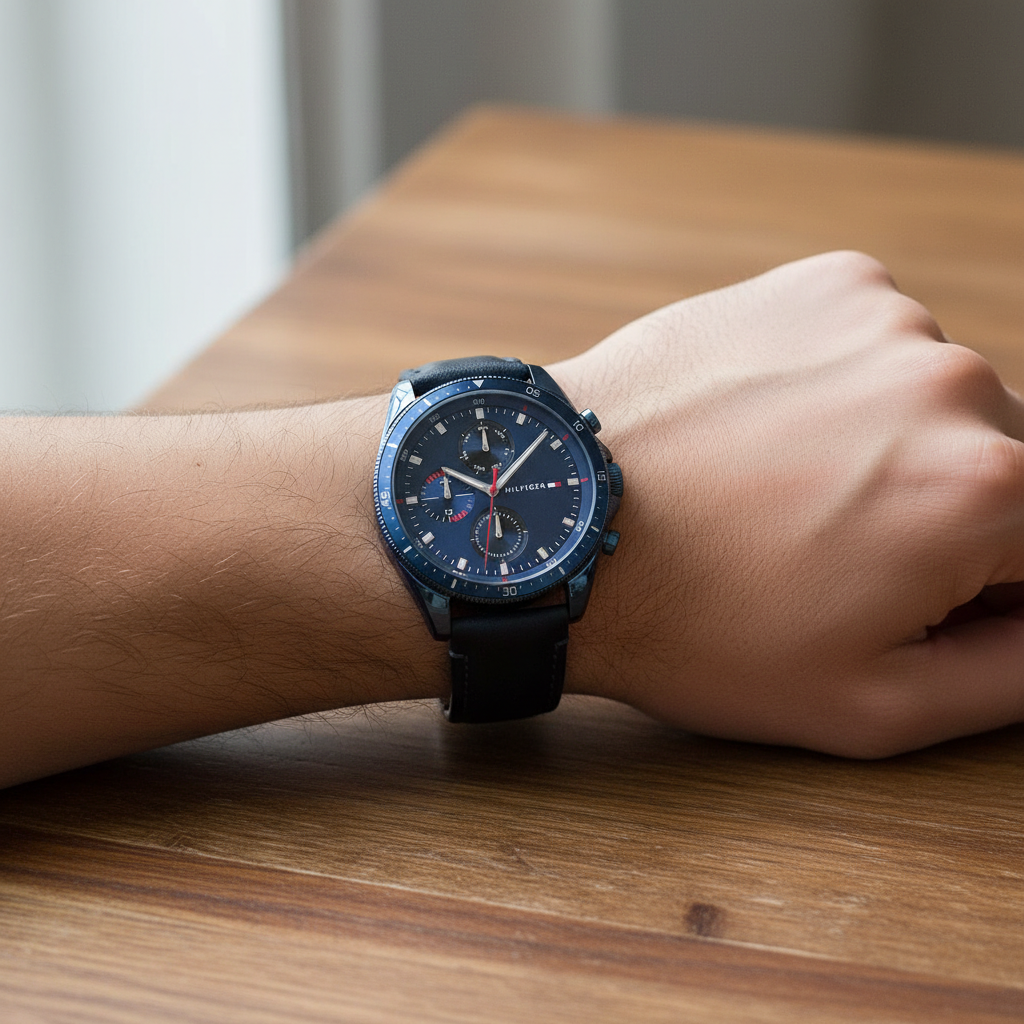 Close up of navy blue dial and red accents of Tommy Hilfiger 1791839