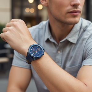 Man wearing bold monochromatic Tommy Hilfiger Parker 1791839 watch with navy leather strap