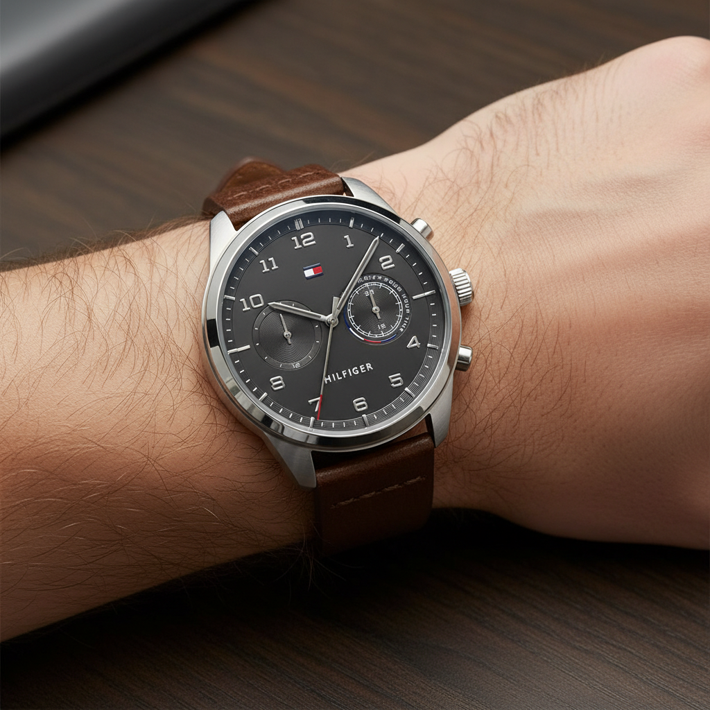 Close up of dark gray dial and dual-time sub-dials of Tommy Hilfiger 1791785