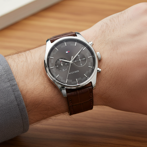 Close up of dark gray dial and dual-time sub-dials of Tommy Hilfiger 1710422