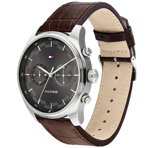 Profile view of Tommy Hilfiger Sawyer showing slim case thickness and brown leather strap