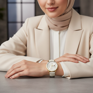 Woman wearing elegant Tommy Hilfiger Shawn 1781790 watch with white leather strap