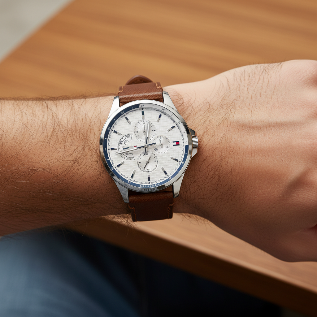 Close up of white textured dial and multi-function sub-dials of Tommy Hilfiger 1791614