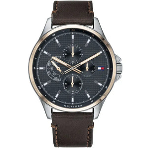 Tommy Hilfiger Shawn 1791615 men's watch silver case dark brown leather strap black dial