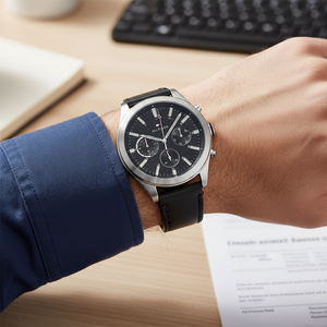 Close up of navy blue dial and silver markers of Tommy Hilfiger 1791740