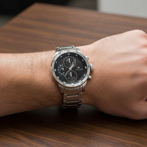 Close up of black sunray dial and multi-function sub-dials of Tommy Hilfiger 1791805