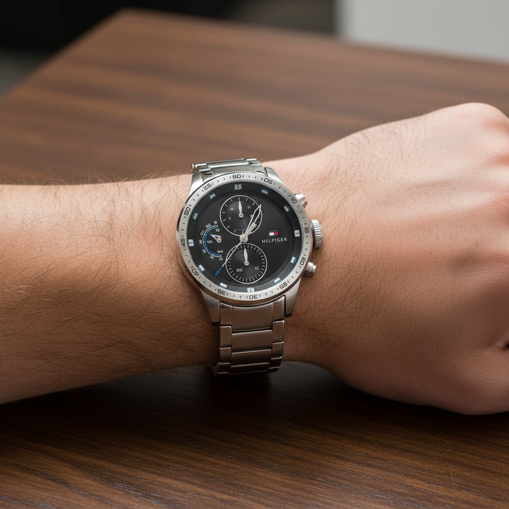 Close up of black sunray dial and multi-function sub-dials of Tommy Hilfiger 1791805