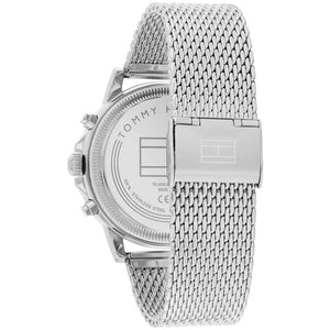Right side view of Tommy Hilfiger 1710609 showing silver stainless steel case and navy bezel