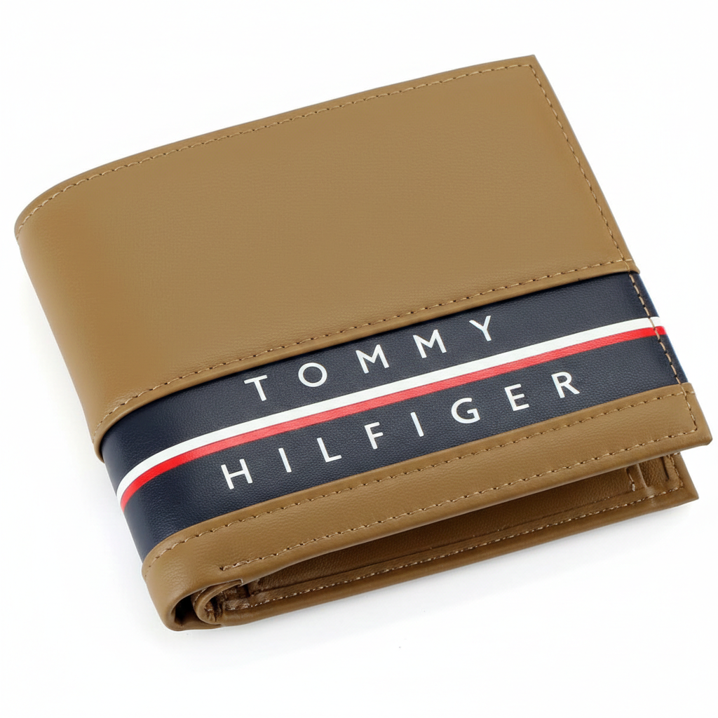 Front view of a Tommy Hilfiger tan leather wallet highlighting the elegant navy blue stripe with a small silver-toned metal flag logo and embossed branding