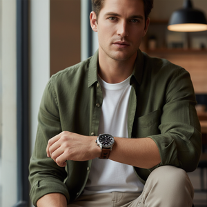 Man wearing bold Tommy Hilfiger Trent 1791049 watch with brown leather strap