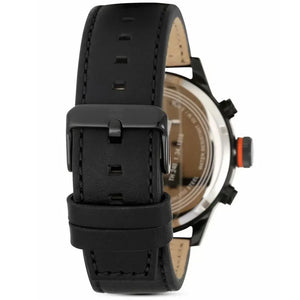 Angled shot highlighting the orange stitching on the black leather strap of Tommy Hilfiger 1791136