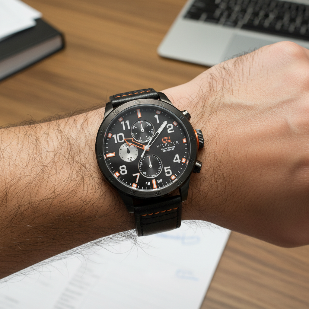 Close up of black dial and vibrant orange markers of Tommy Hilfiger 1791136