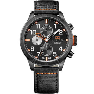 Tommy Hilfiger Trent 1791136 men's watch black case black leather strap orange accents