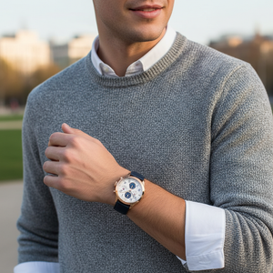 Man wearing bold Tommy Hilfiger Trent 1791139 watch with navy leather strap