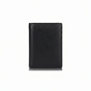 Professional angled studio photograph of the sleek Tommy Hilfiger mirror original black leather trifold wallet
