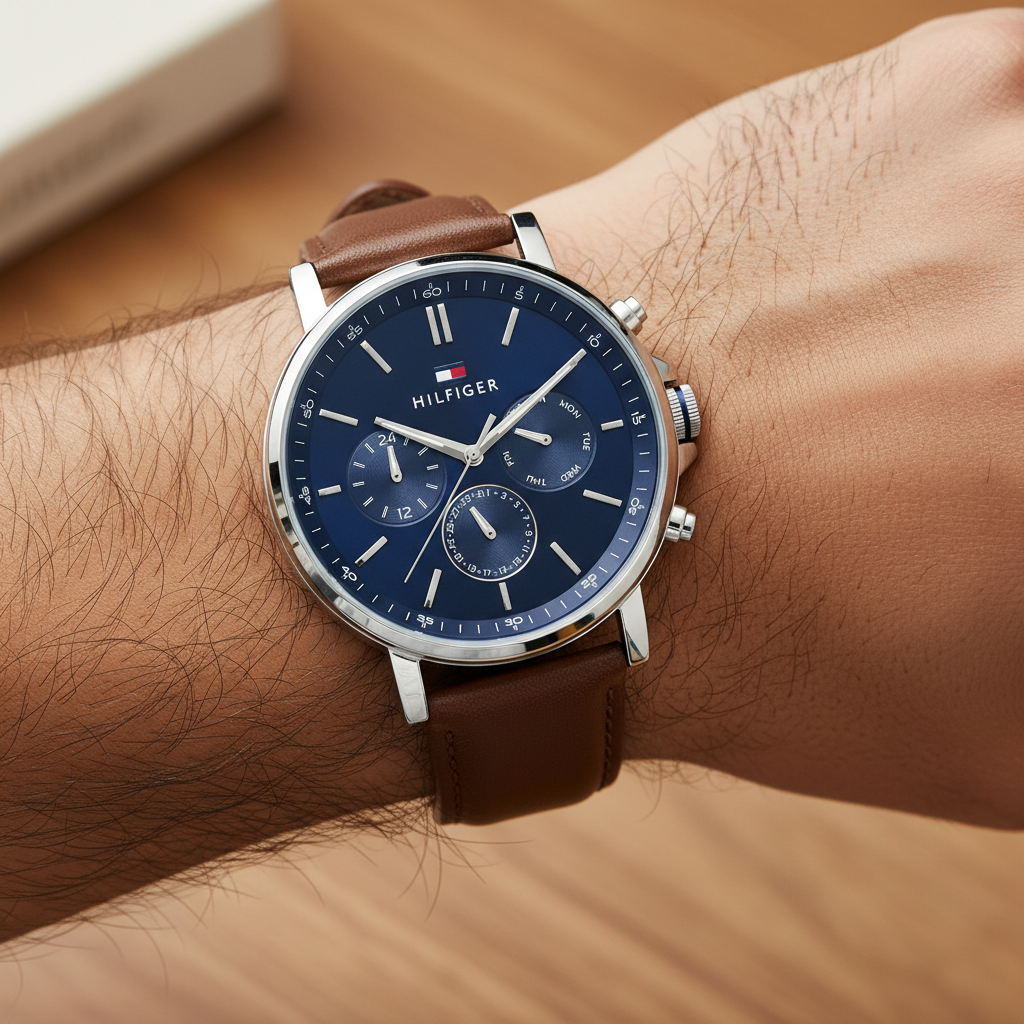 Close up of blue sunray dial and multi-function sub-dials of Tommy Hilfiger 1710585