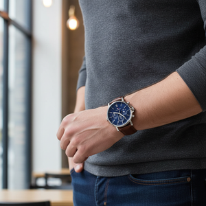 Man wearing classic Tommy Hilfiger Tyson 1710585 watch with brown leather strap