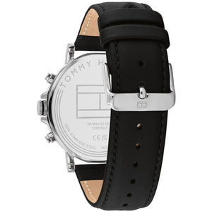 Angled shot highlighting the premium black leather strap of Tommy Hilfiger 1710586