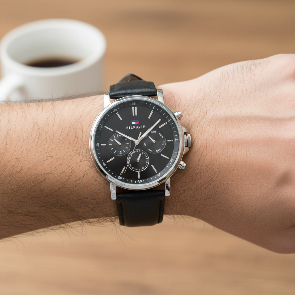 Close up of black sunray dial and multi-function sub-dials of Tommy Hilfiger 1710586