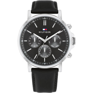 Tommy Hilfiger Tyson 1710586 men's watch silver case black leather strap black dial