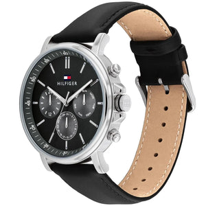 Profile view of Tommy Hilfiger Tyson showing case thickness and black leather strap