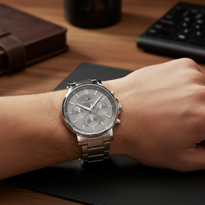 Close up of dark grey sunray dial and multi-function sub-dials of Tommy Hilfiger 1710604
