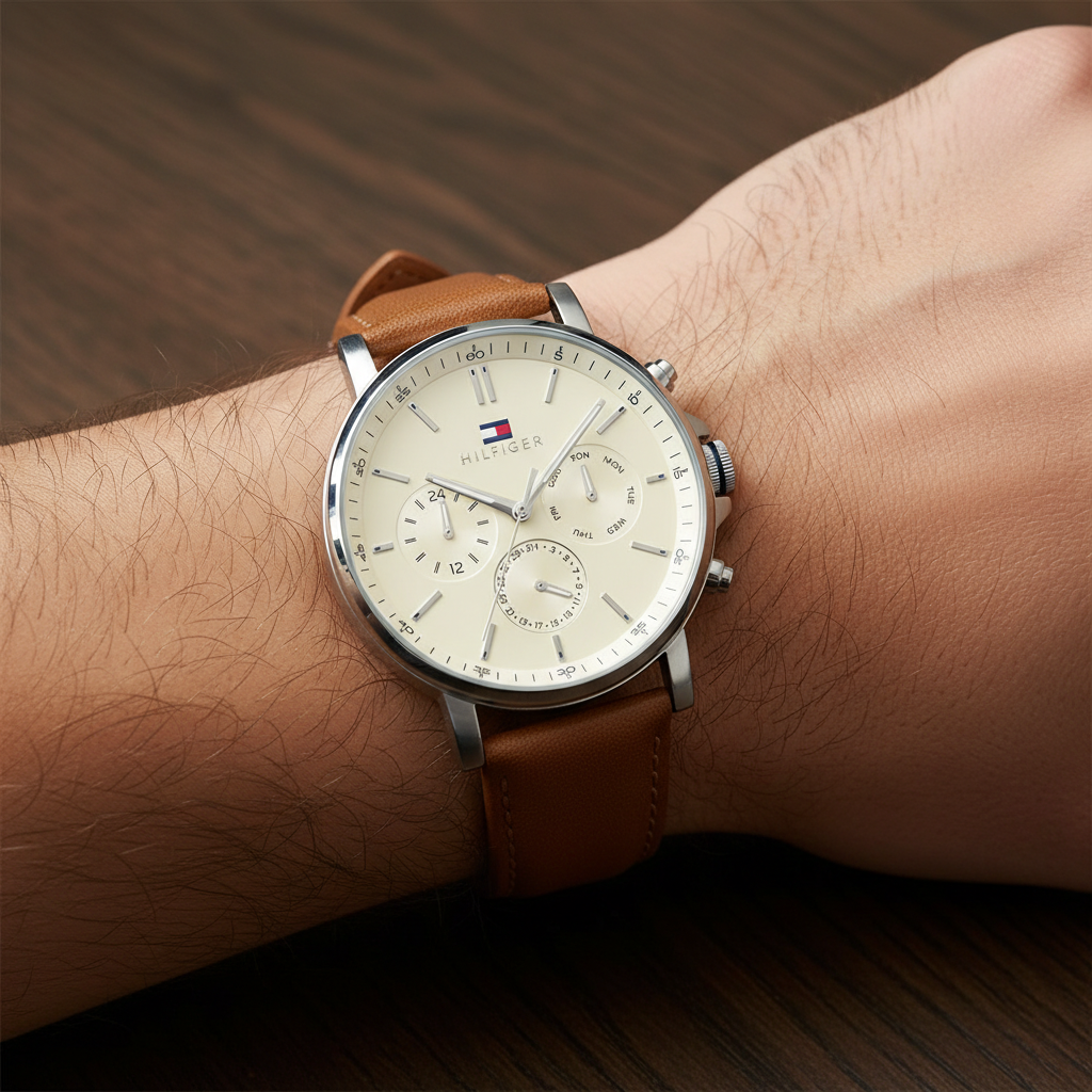 Close up of beige sunray dial and multi-function sub-dials of Tommy Hilfiger 1792143