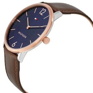 Angled shot highlighting the premium brown leather strap of Tommy Hilfiger 1710354