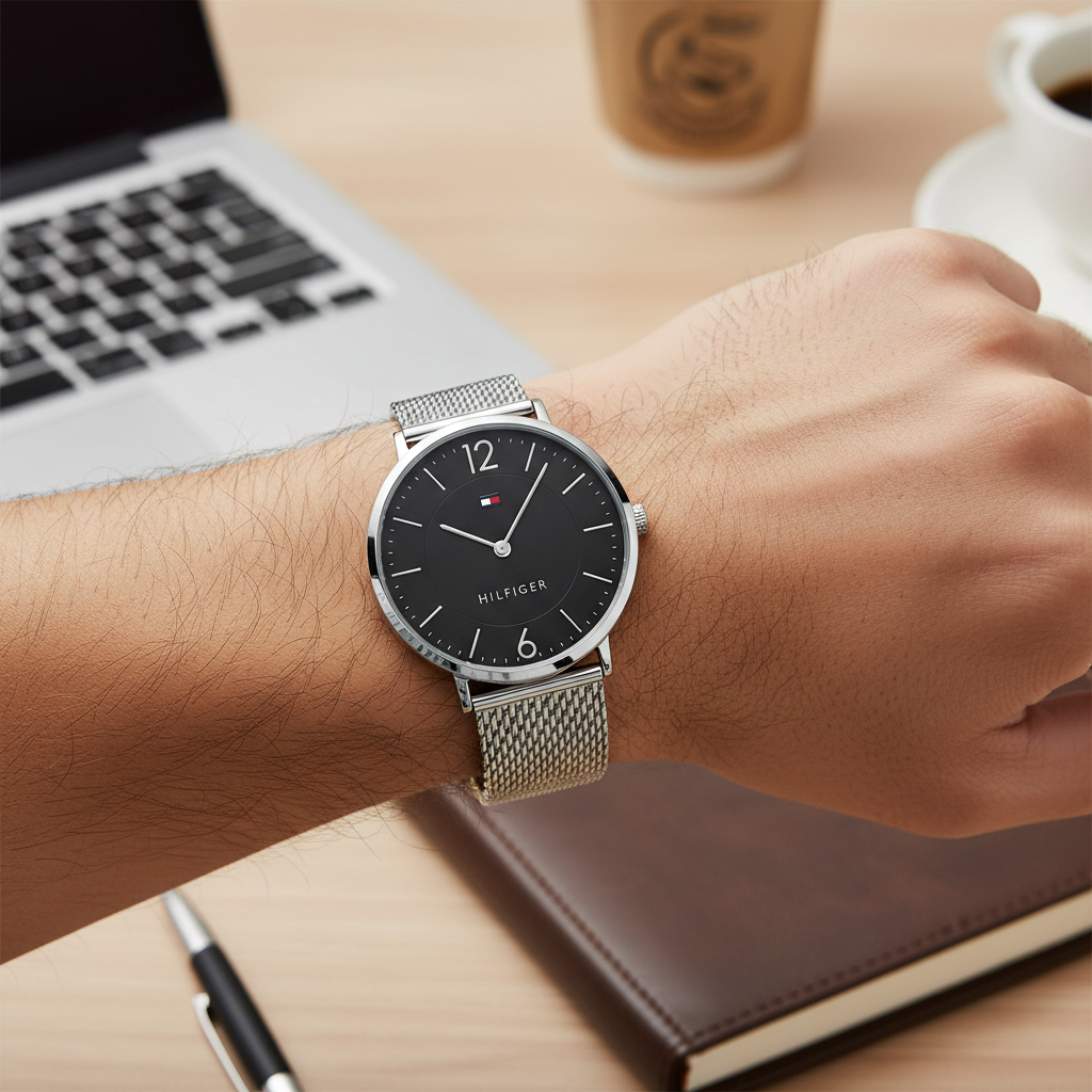 Close up of the clean matte black dial and silver-tone hands of Tommy Hilfiger 1710355