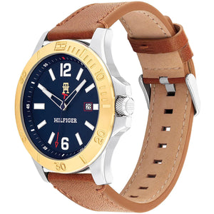 Right side view of Tommy Hilfiger 1710529 showing silver case and gold-tone crown