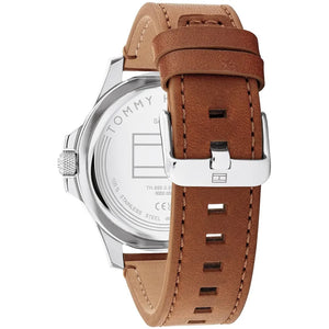 Profile view of Tommy Hilfiger West showing case thickness and brown leather strap