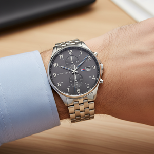 Close up of dark grey dial and chronograph sub-dials of Tommy Hilfiger 1791707
