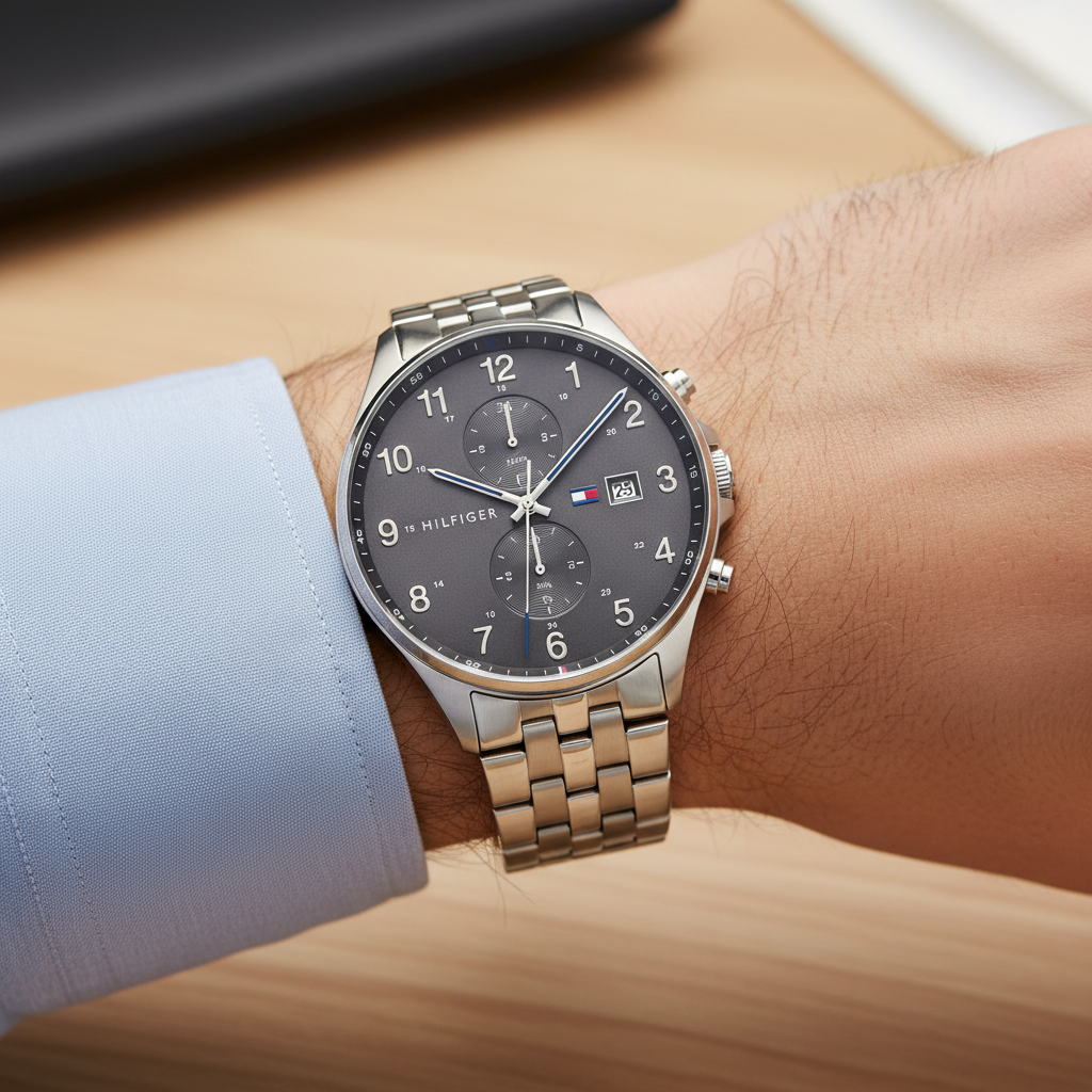 Close up of dark grey dial and chronograph sub-dials of Tommy Hilfiger 1791707