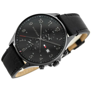 Angled shot highlighting the smooth black genuine leather strap on Tommy Hilfiger 1791711