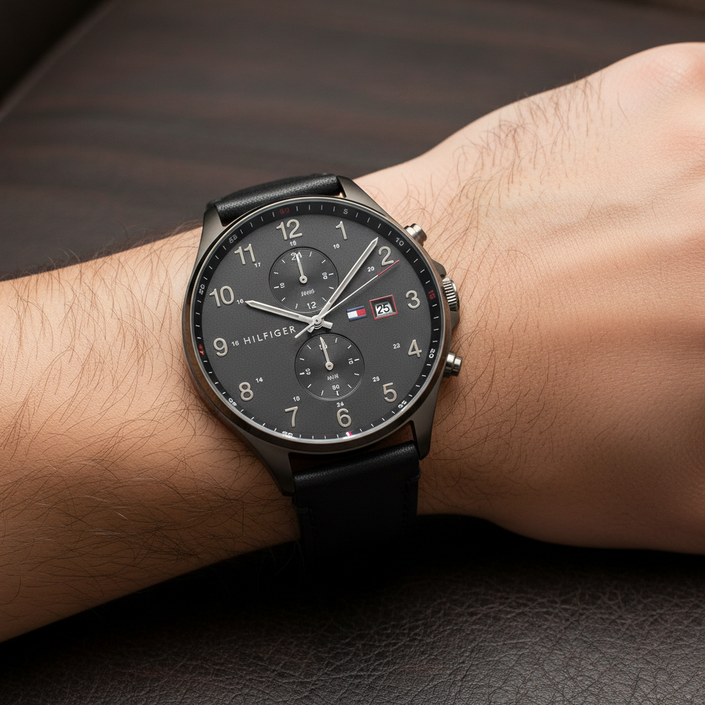 Close up of tonal black dial and chronograph sub-dials of Tommy Hilfiger 1791711