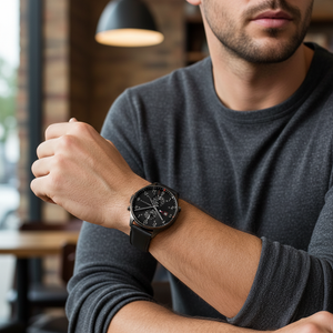 Man wearing sleek all black Tommy Hilfiger West 1791711 watch with leather strap