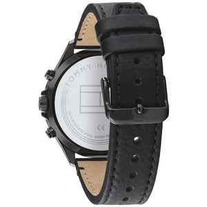 Profile view of Tommy Hilfiger West showing case thickness and black leather strap