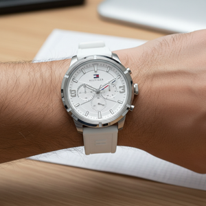 Close up of white textured dial and multi-function sub-dials of Tommy Hilfiger 1792072
