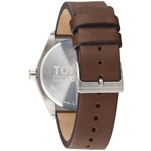Profile view of Tommy Jeans Monogram Pop showing case thickness and brown leather strap