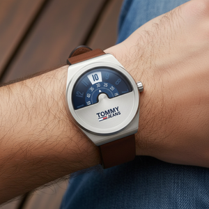 Close up of the navy blue jump hour window on the dial of Tommy Jeans 1791772