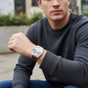 Man wearing modern Tommy Jeans Monogram Pop 1791772 watch with brown leather strap