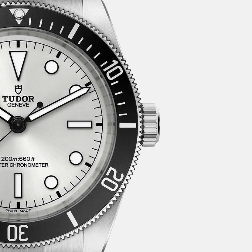 Tudor Black Bay 68 M7943A1A0NU-0002 men's automatic dive watch, 43mm stainless steel case, silver dial, steel bracelet – dial close-up